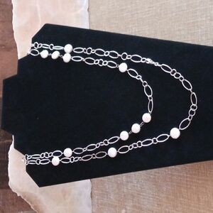 Extra Long Silver Tone Large Link Faux Pearl Beaded Necklace